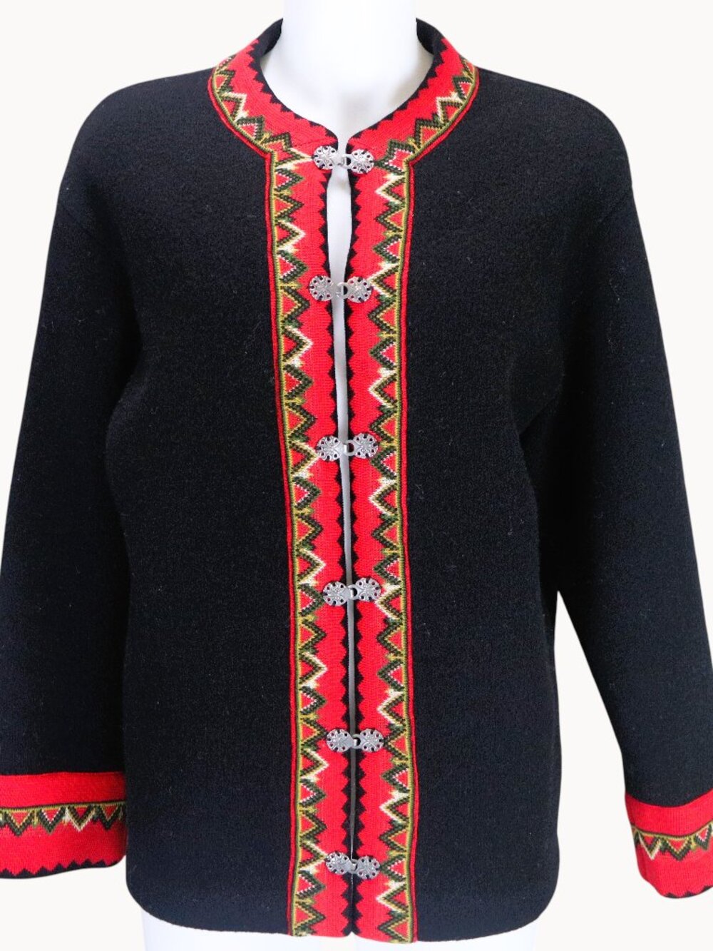 Vintage Norwegian Wool Cardigan Sweater Black Red Nordic Folk Trim Women’s L